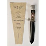 A rare Olympic Hitler Youth Dagger and Paper Envelope, the 11.75cm blade by EMIL VOOS SOLINGEN