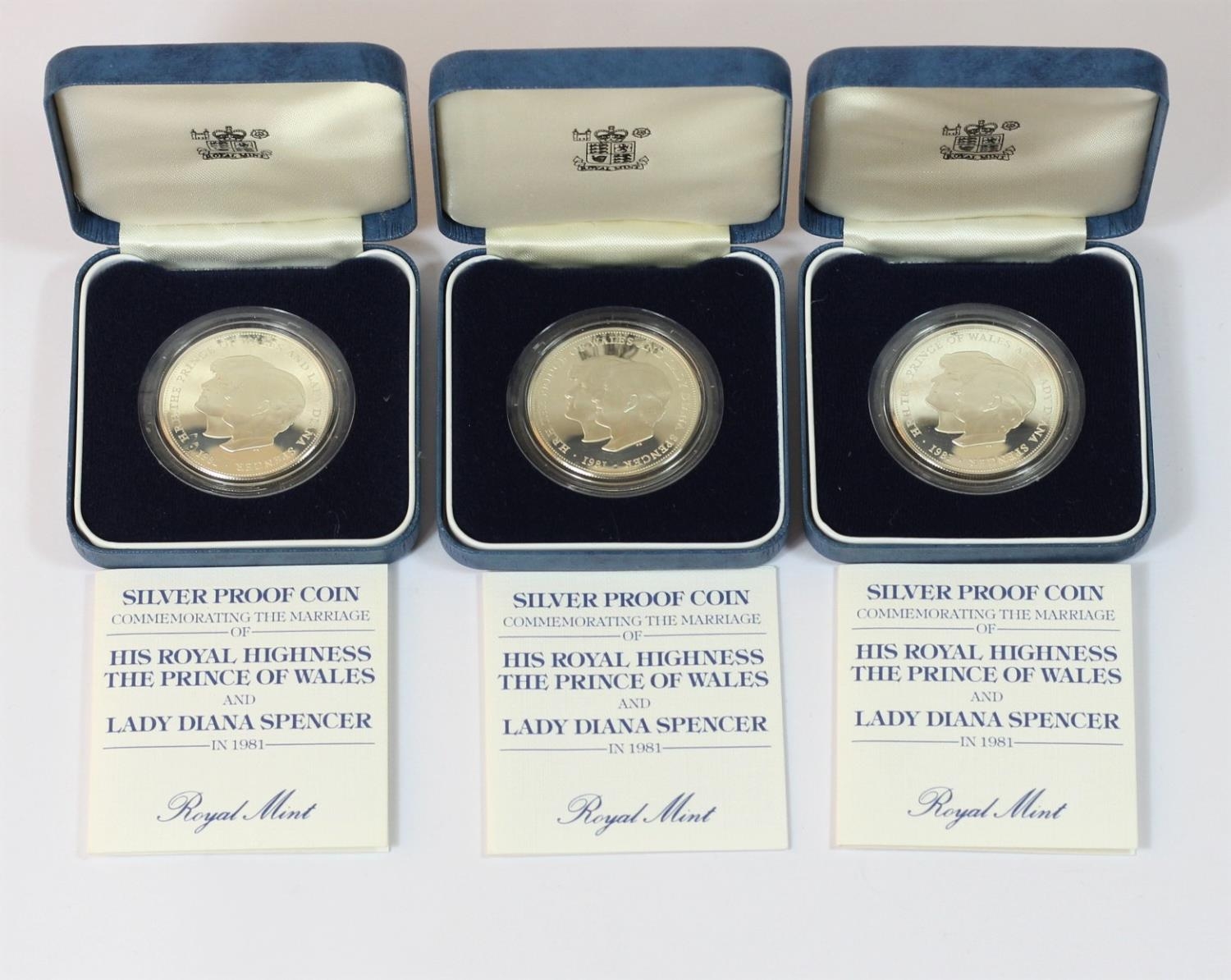 Three 1981 silver proof Charles and Diana coins, cased