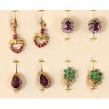 A pair of gold mounted emerald cluster ear rings and three other pairs of 9ct gold ear rings