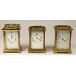 Three brass carriage clocks to include, Bayard 8 day. (3)