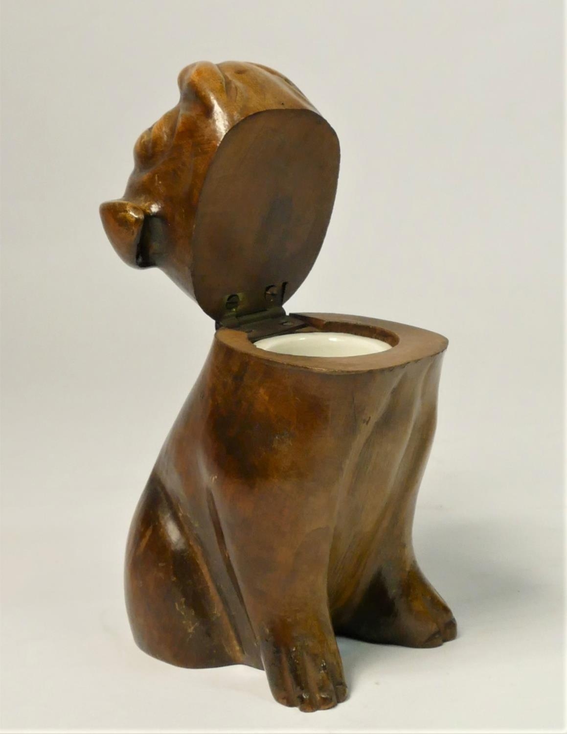 A novelty inkwell, in the form of a soft wood Bulldog, opening to reveal inkwell, missing one - Image 4 of 4