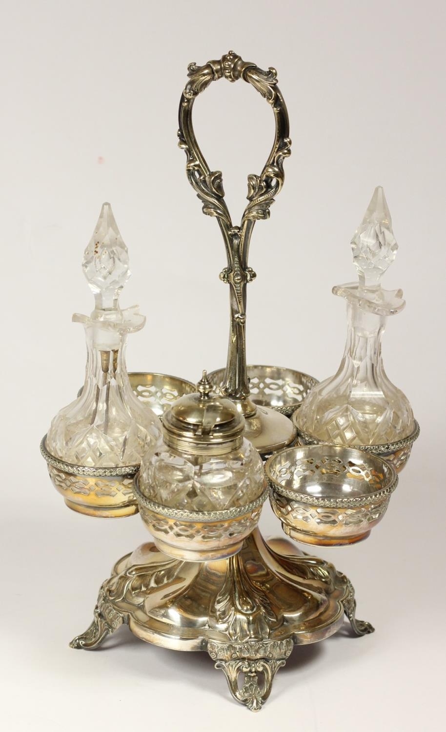 A Victorian Sheffield Plate three bottle lidded preserve jar stand, with cut glass jars, one cover - Image 3 of 3