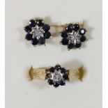 A 9ct gold sapphire and diamond ring, L 1/2 and matching ear studs, 3.3gm