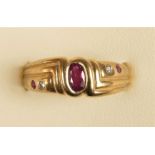A 9ct gold ruby and diamond dress ring, M, 2.7gm