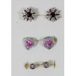 A 9ct gold pair of synthetic ruby and diamond ear studs and two other pairs, 2.7gm