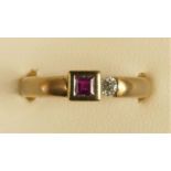 A 9ct gold ruby and brilliant cut diamond ring, stated weight 0.08cts, M 1/2, 3.9gm