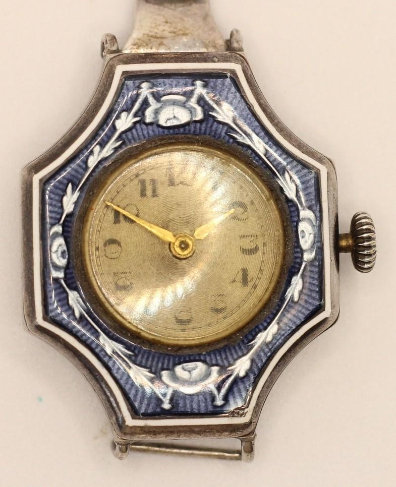 A silver and enamel manual wind ladies wristwatch, Birmingham import 1917, guilloche enamel bezel,