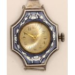 A silver and enamel manual wind ladies wristwatch, Birmingham import 1917, guilloche enamel bezel,