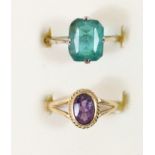 A 9ct gold and amethyst ring, J and a 9ct gold/silver green glass ring, K, 4.6gm