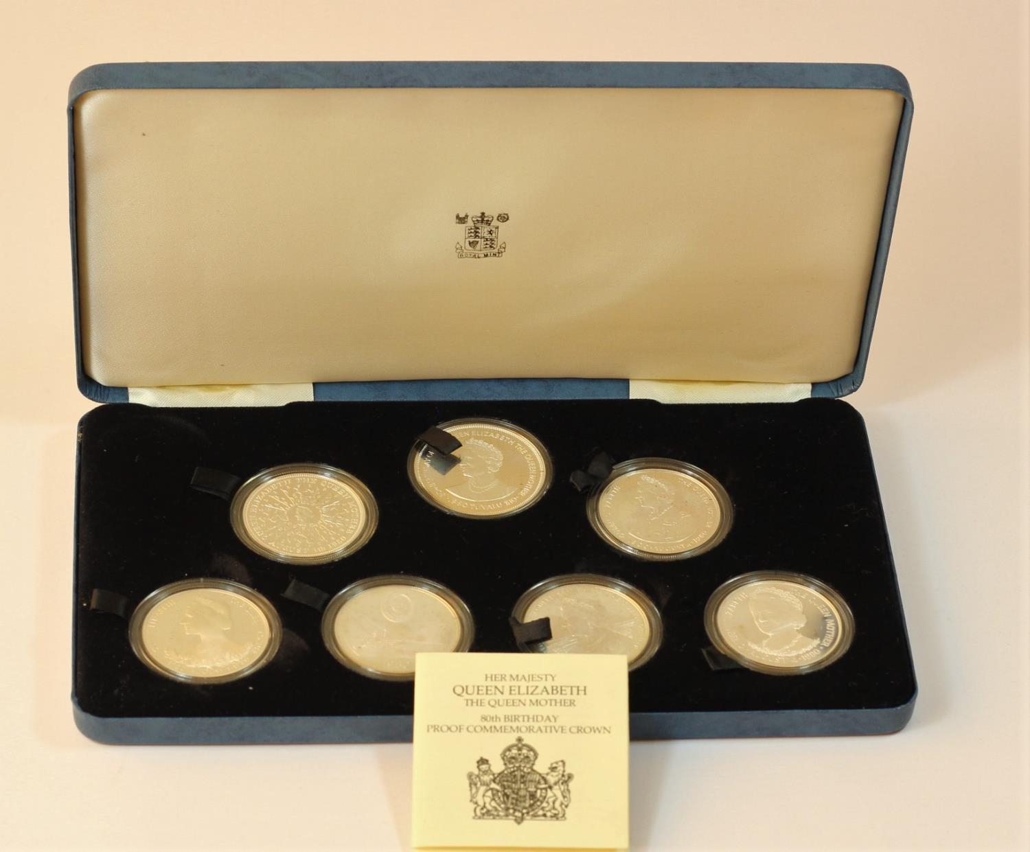 A Queen Elizabeth, the Queen Mother, 80th birthday seven silver coin set, certificate, case, 197gm