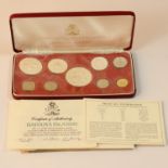 A Franklin Mint 1973 proof set of nine coins, four silver, certificate, case