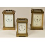 Three brass manual wind carriage clocks to include, E.A.Baker LTD, London, Imperial and a