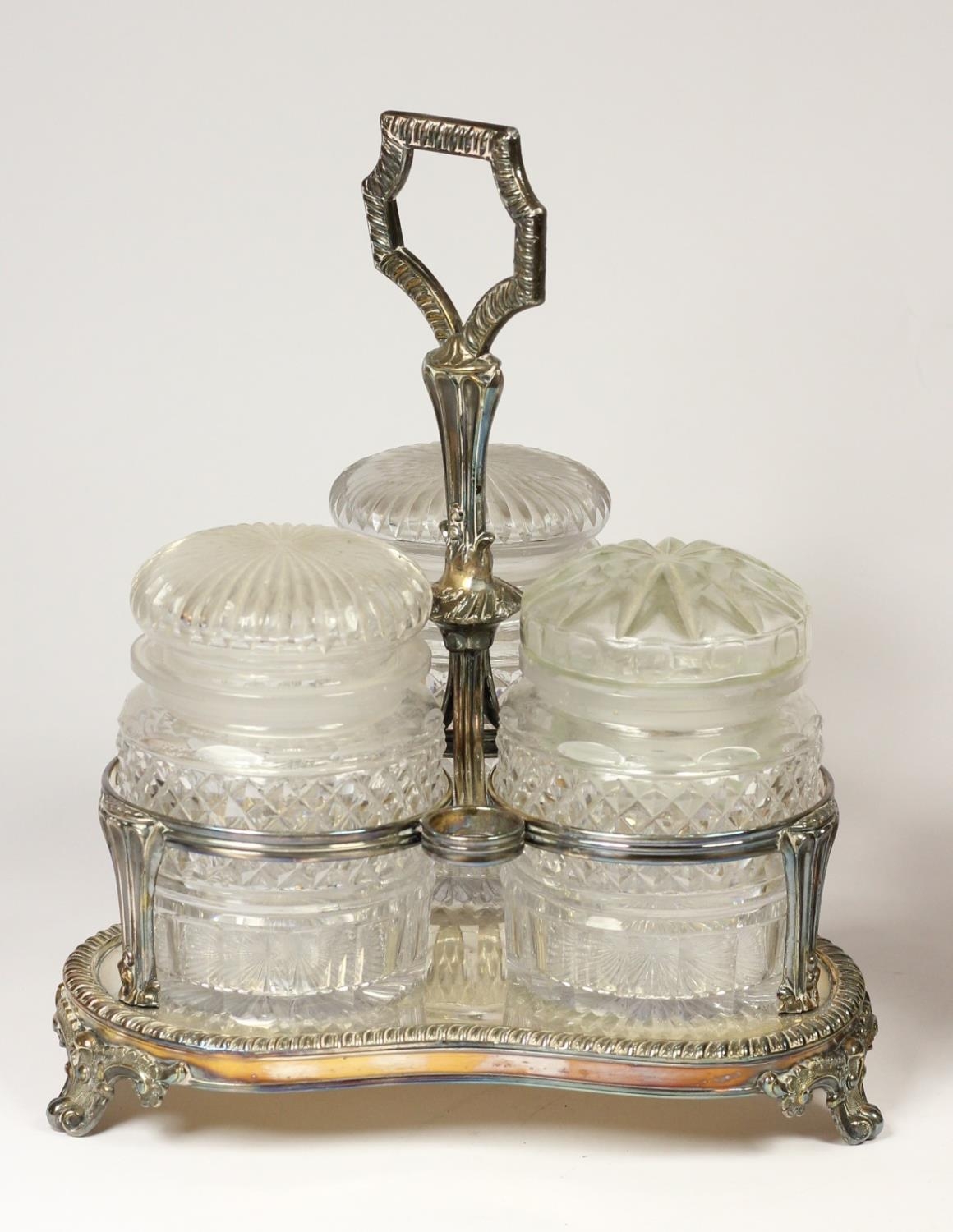 A Victorian Sheffield Plate three bottle lidded preserve jar stand, with cut glass jars, one cover - Image 2 of 3