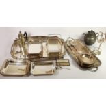 A rectangular electroplated gallery tray, an entree dish with handle, a pair of bottle coasters