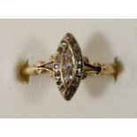 An Edwardian 18ct gold diamond navette shape ring, Chester 1907, set with rose cuts, N, 2.3gm