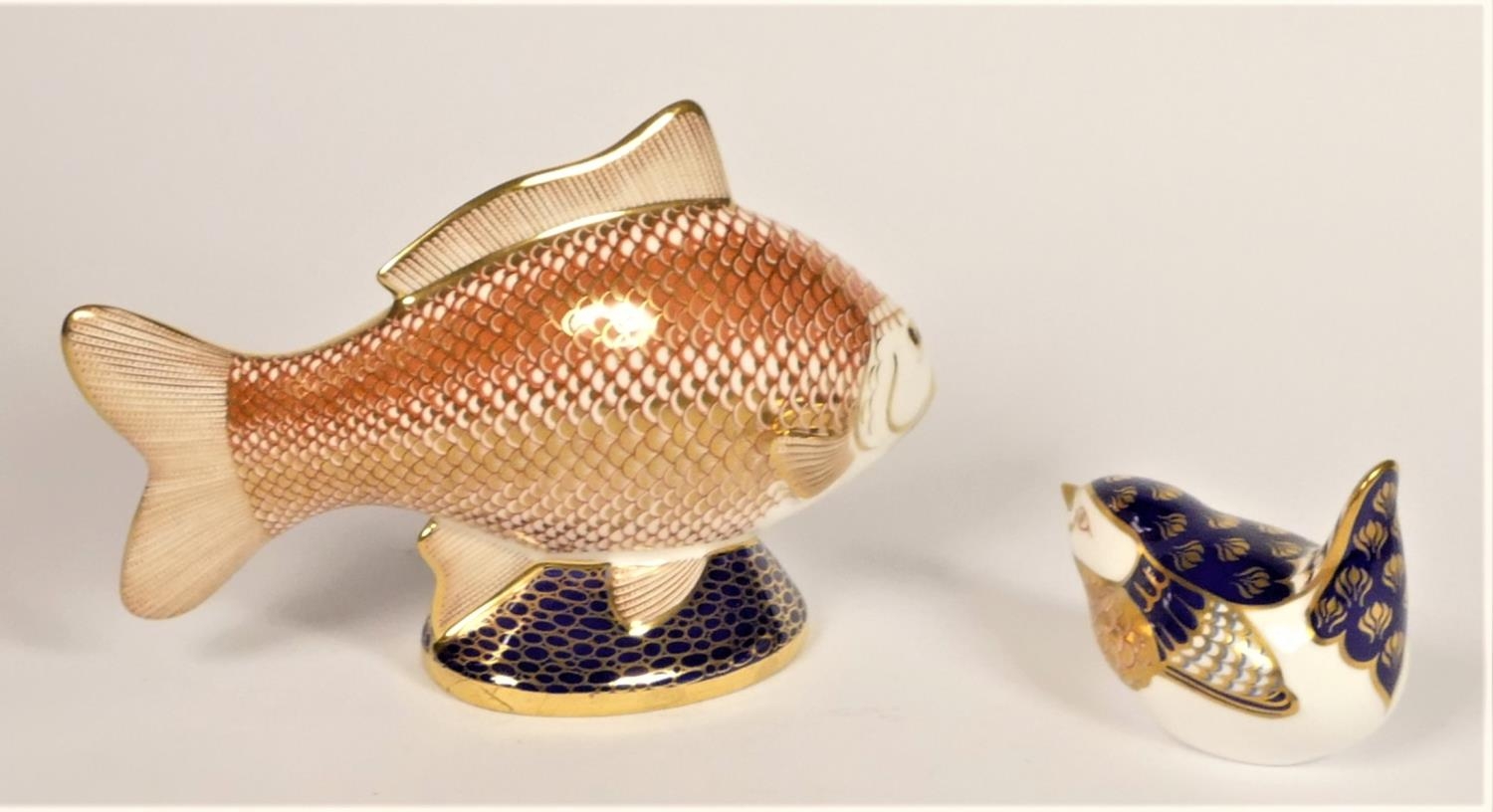 Royal Crown Derby Carp paperweight, XLIX, lacking stopper and a Wren paperweight, gold stopper (2) - Image 2 of 4