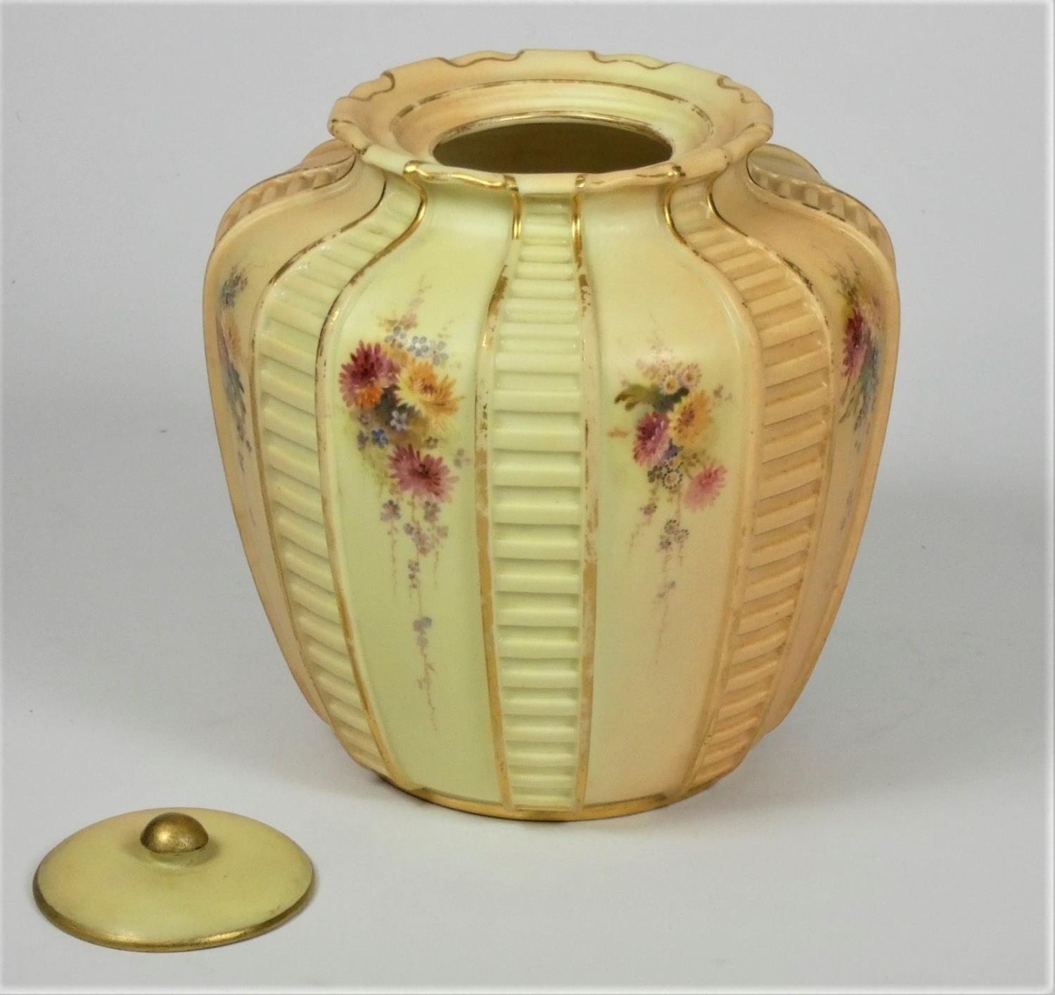 A Royal Worcester blush ivory tea caddy, pattern 1808, decorated with floral sprays, puce marks - Image 4 of 5