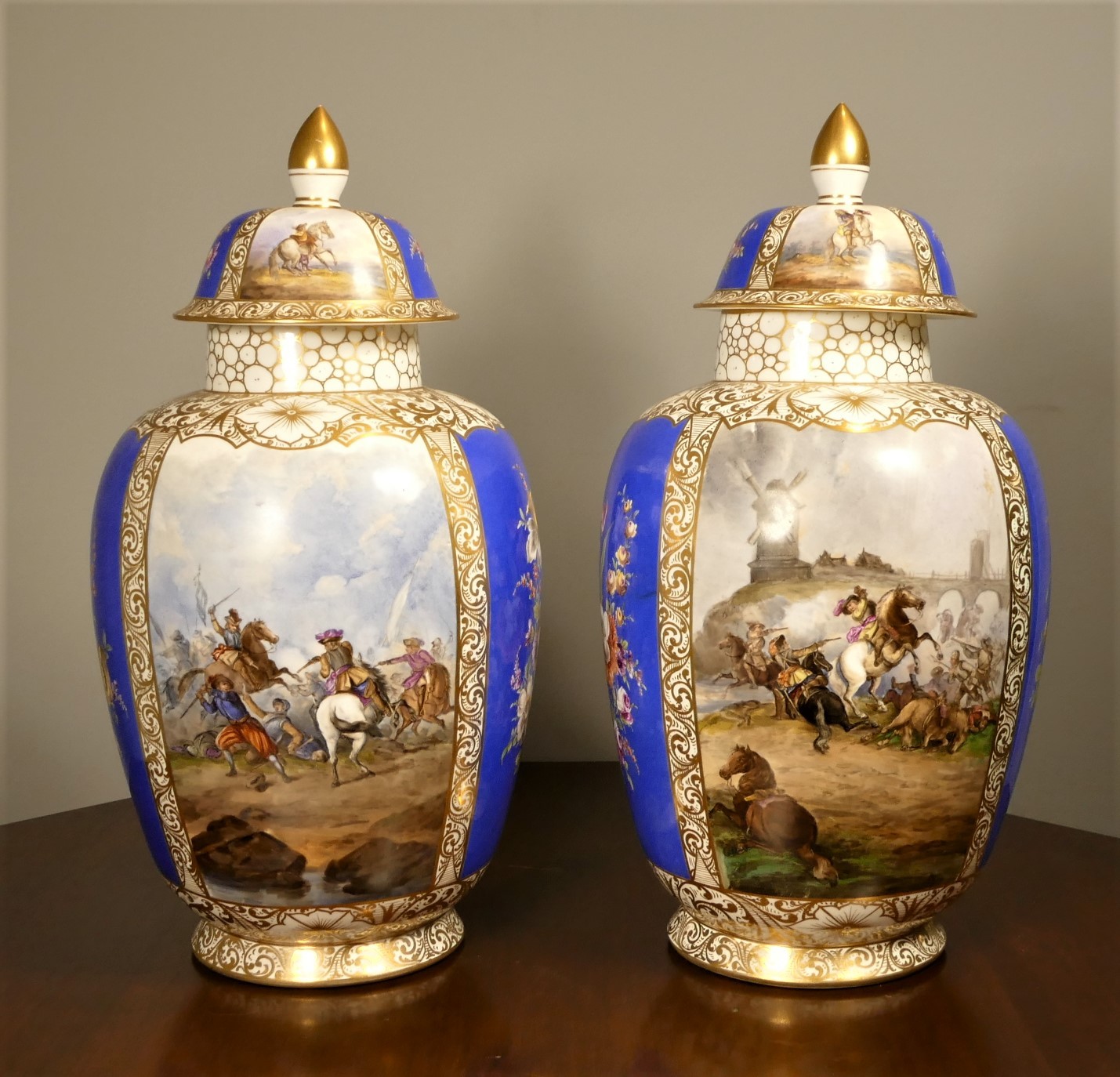 A large pair of 19th century Dresden porcelain, urns with covers, underglaze blue Augustus Rex mark, - Image 3 of 14