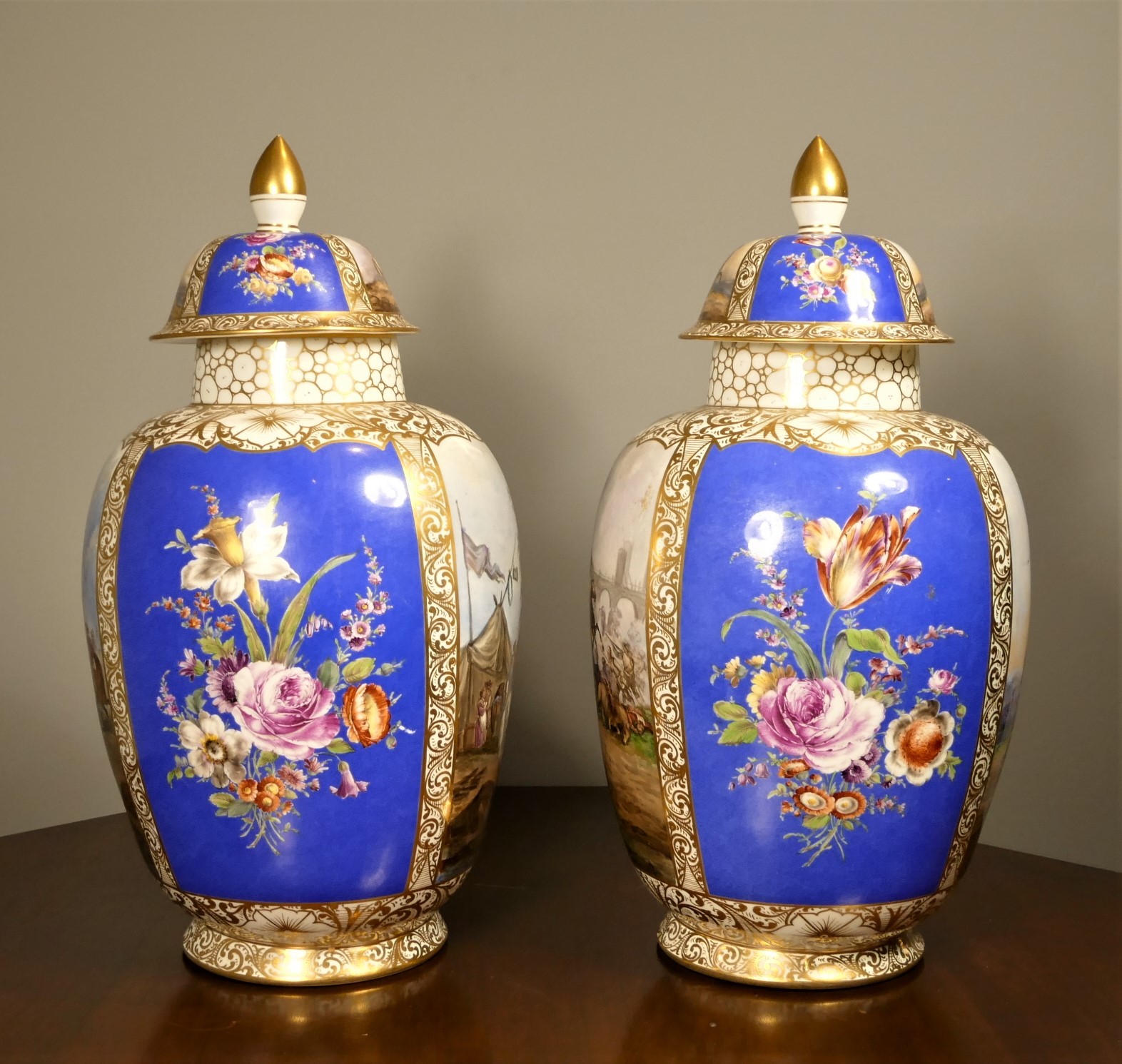 A large pair of 19th century Dresden porcelain, urns with covers, underglaze blue Augustus Rex mark, - Image 2 of 14