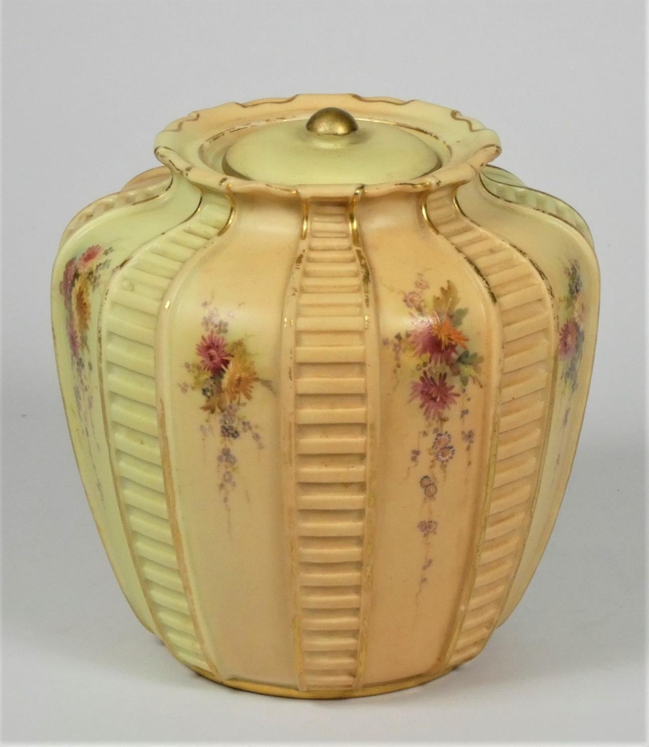 A Royal Worcester blush ivory tea caddy, pattern 1808, decorated with floral sprays, puce marks - Image 2 of 5