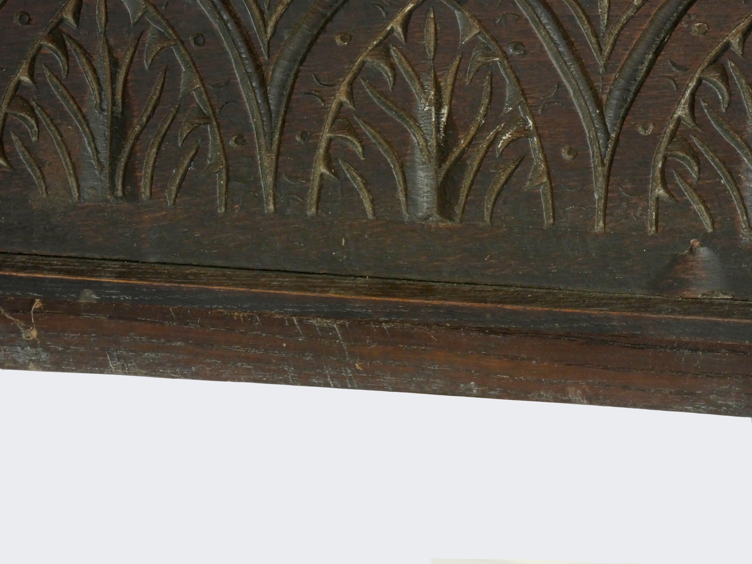 An 18th century and later oak bible box with carved front panel, raised on a later bobbin stand. - Image 2 of 4