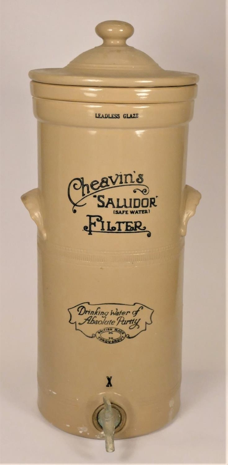 A late 19th/early 20th century glazed stoneware Cheavins Saludor Safe Water Filter, with internal