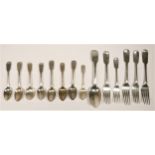 A collection of George III and later flatware, to include a William IV fiddle pattern table fork