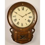 A Victorian rosewood drop dial wall clock, the 11" white enamel dial with Roman numerals, the case