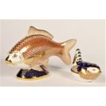 Royal Crown Derby Carp paperweight, XLIX, lacking stopper and a Wren paperweight, gold stopper (2)