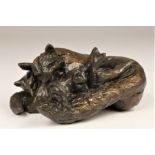Linda Frances (contemporary), a cast bronze group of vixen with four cubs, signed LF, 11 x 7 x