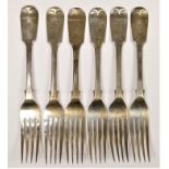 A Victorian Provincial set of six fiddle pattern table forks, by William Rawlings Sobey, Exeter