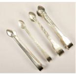 Four pairs of George IIIIV silver sugar tongs by William Bateman, bright cut fiddle pattern, 1818