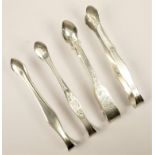 Four pairs of George III/IV silver sugar tongs by William Bateman, bright cut fiddle pattern,