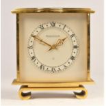 Jaeger LeCoultre, a brass 8 day alarm mantle clock, c.1960/70, the silvered dial with Roman