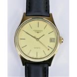 Longines, a gold plated quartz date gentleman's wristwatch, with red seconds hand, 33mm