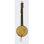 A six string banjo, with mother of pearl inlay and metal resonator.