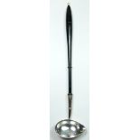 A George III silver toddy ladle, unmarked, turned ebony handle with ivory finial, lipped bowl,