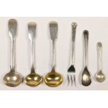 Three George III and later mustard spoons, a pickle fork and two other spoons, 51.5gm