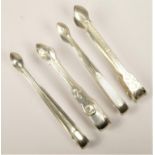 Four pairs of George III/IV silver sugar tongs by William Bateman, Kings pattern with shell bowl,