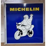 A Michelin Man double sided metal wall mounted motorcycling advertising sign, 47 x 47cm