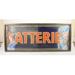 A Lucas Batteries tin advertising sign, wooden frame, 41 x 98 cm