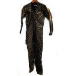 A Lewis Leathers one Real Hide black one piece suit with white arm stripes, 39 cm across the