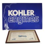 A pressed aluminum single sided Kohler Engines advertising sign, 24 x 91 cm, together with a