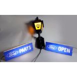 An AA wall mounted lantern, 52 cm, together with a Ford Open sign, 12 x 35 cm, a Ford Parts sign, 12