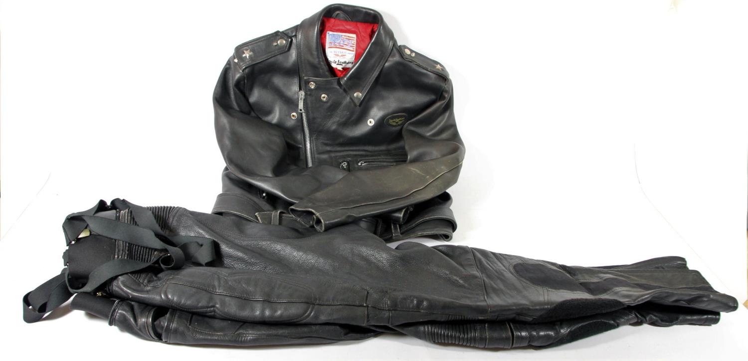 A Lewis leathers jacket, size 42 and a pair of Frank Thomas trousers, size 38.