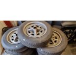 Eleven various MGB Rostyle wheels with tyres