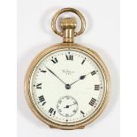 Waltham, a gold plated open face keyless wind pocket watch, spares or repair