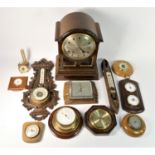 Three boxes of mid 20th Century mantle clocks and wall barometers. (3)