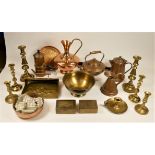 A collection of brass & copper wares to include, candlesticks, tea & coffee pots, cigarette boxes,