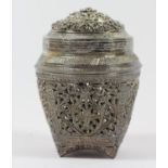 An Indian silver pot pourrie holder, unmarked, with pierced and embossed decoration9cm, 79gm